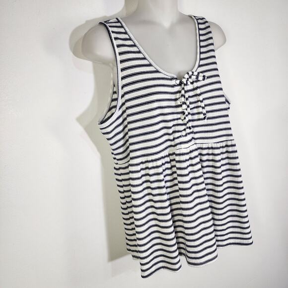 Maurices Womens Babydoll Peplum Tank Top Large White Navy Blue Striped Lace Up - Picture 4 of 9